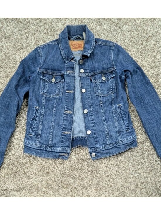 Levis Trucker Jacket Womens Small Blue Denim Jean Red Tab Pockets Classic - Picture 1 of 7